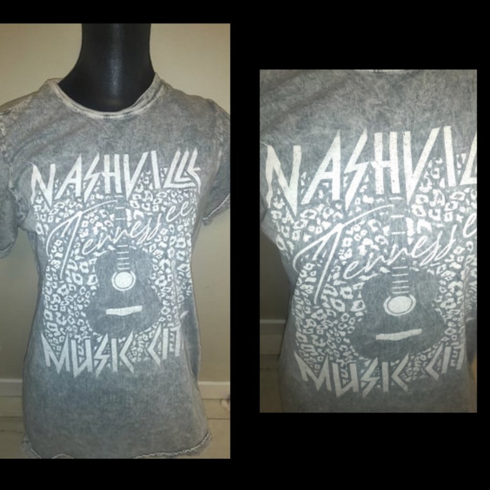 Nashville Music City by Rustee Gray Washed Distressed Tee Womens Top Sz L